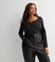 New Look Curves Black Slinky Notch Front Long Sleeve Top